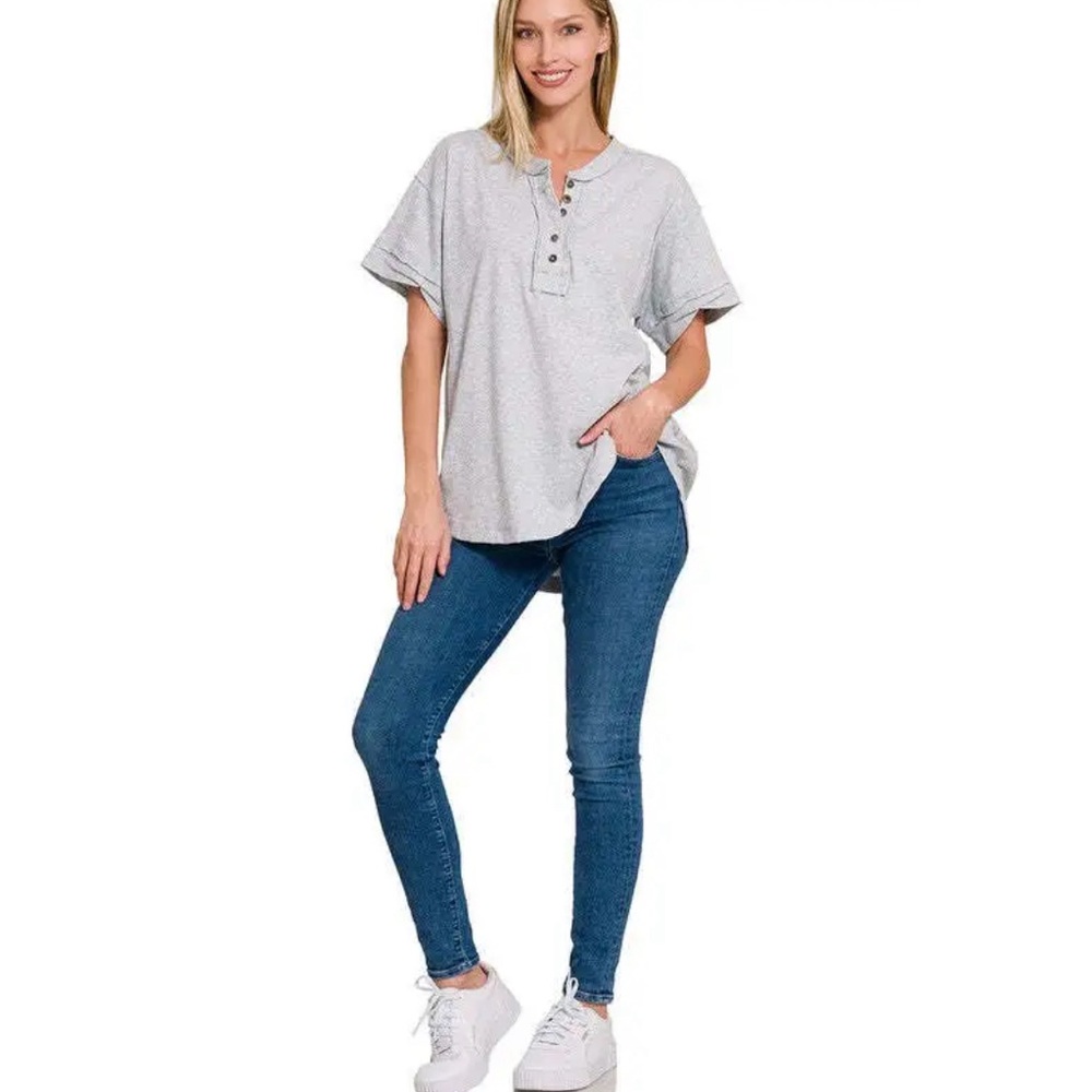 Zenana Over-Sized Grey T Shirt With Buttons Size Medium